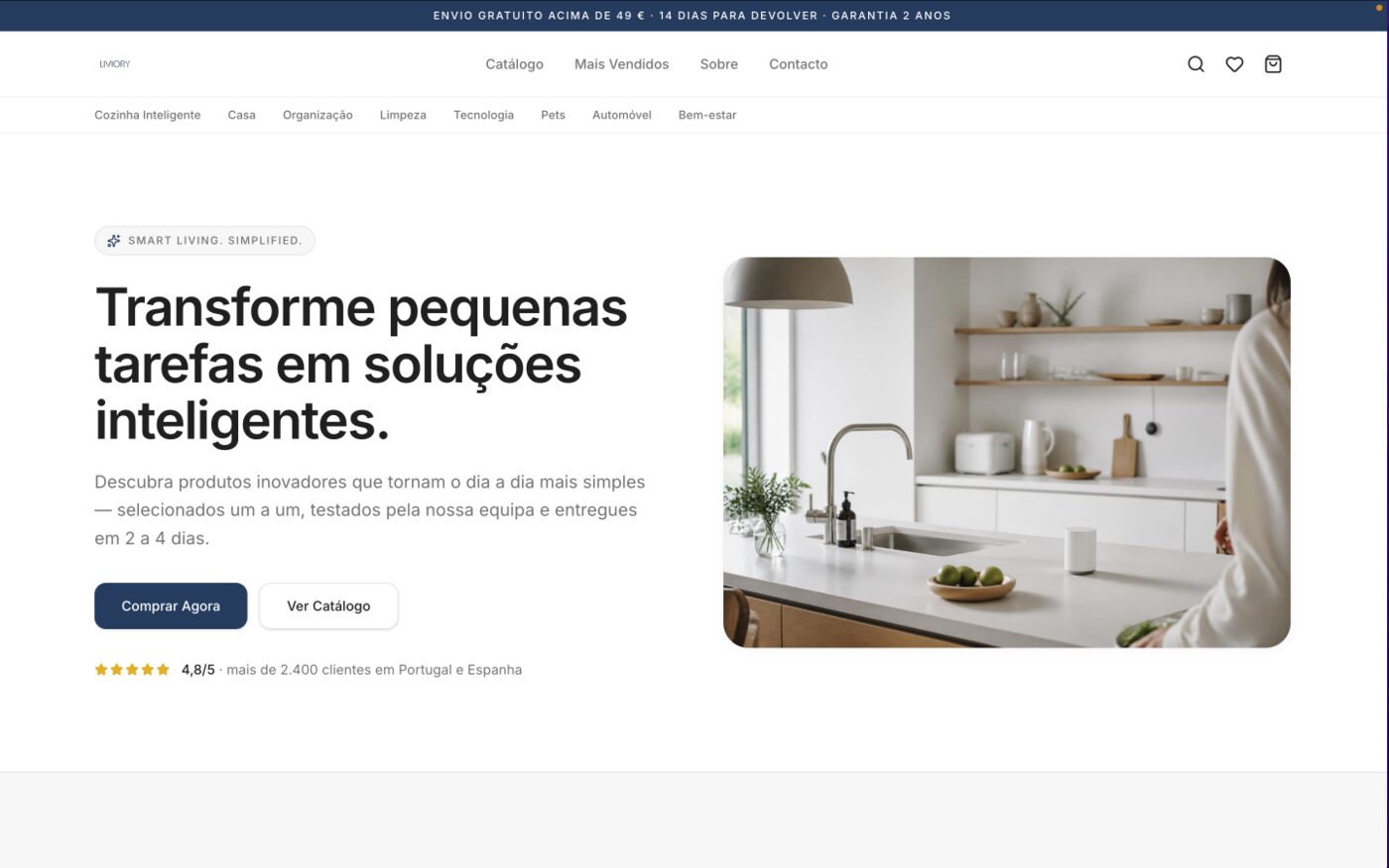 Página inicial da loja online LIVIORY, produtos inteligentes para casa