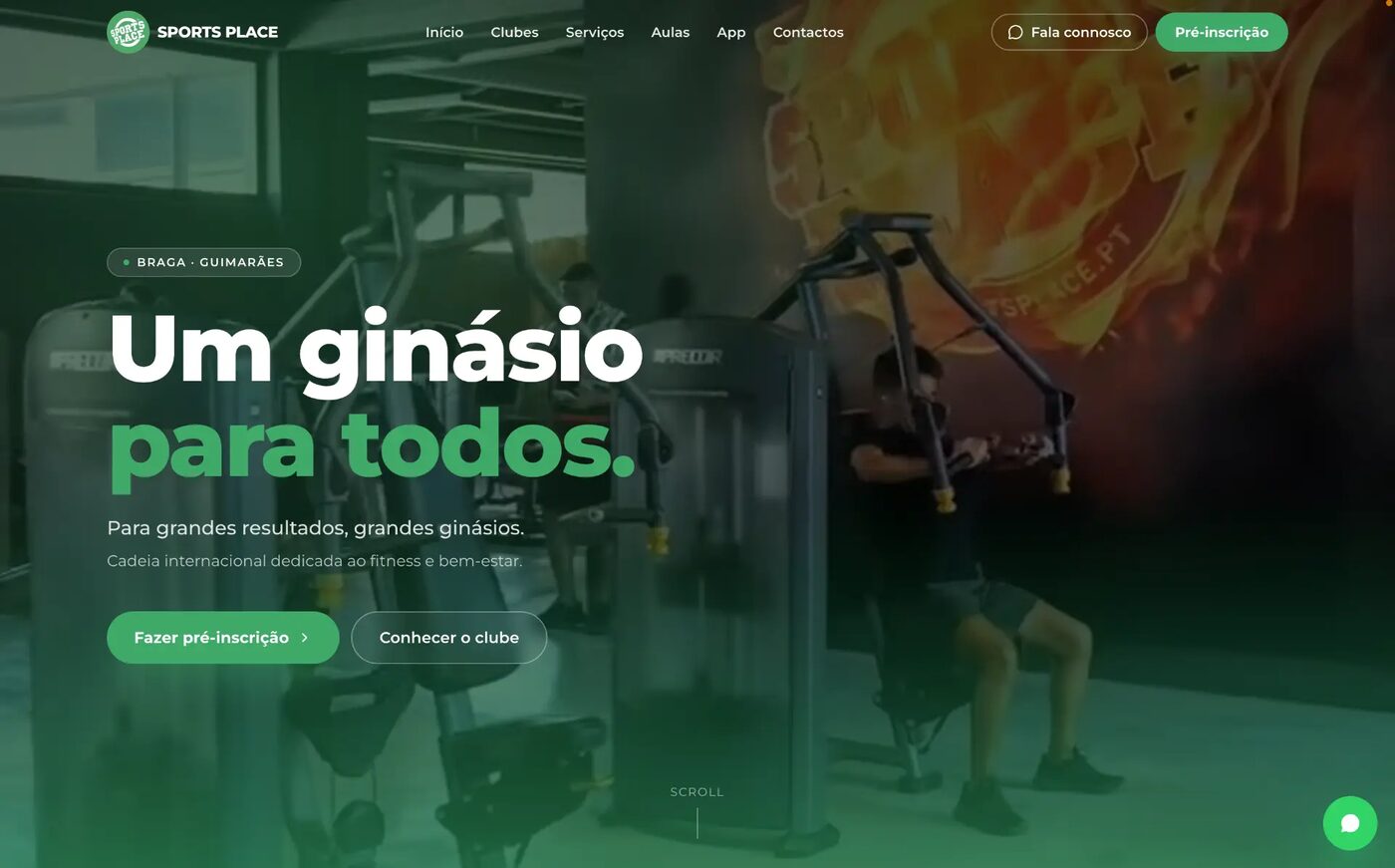 Página inicial do site Sports Place, rede de ginásios em Braga e Guimarães